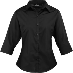 A black, women's 3/4 sleeve poplin blouse with a button-up front and a pointed collar. It features a logo on the label.