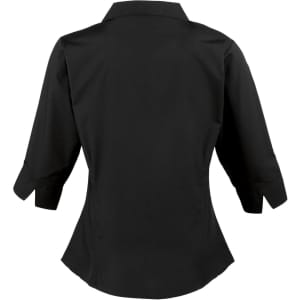 A black women's 3/4 sleeve poplin blouse with a fitted design and button-up collar, featuring a logo.