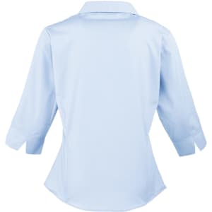 Light blue women's 3/4 sleeve poplin blouse featuring a collared neck and back view design.