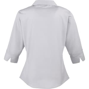 A women's 3/4 sleeve poplin blouse in white, featuring a button-up design and a back view.