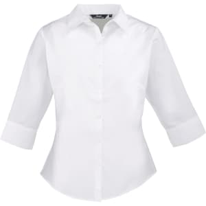 A white 3/4 sleeve poplin blouse with a button-up front and a collar, featuring a logo.