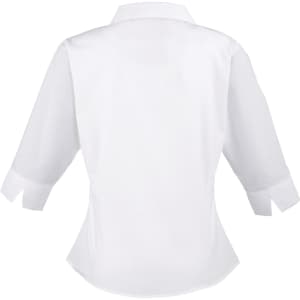 A white women's 3/4 sleeve poplin blouse featuring a fitted design and a collar, with an unseen logo.