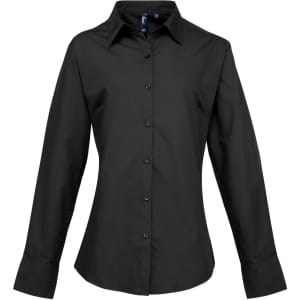 A black women's long sleeve button-up shirt with a classic collar and a logo on the front.