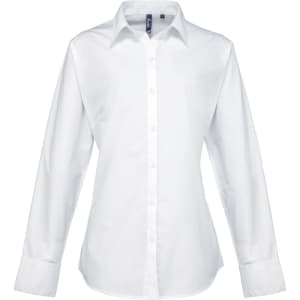 A white button-up shirt featuring long sleeves and a collar, complete with a logo.
