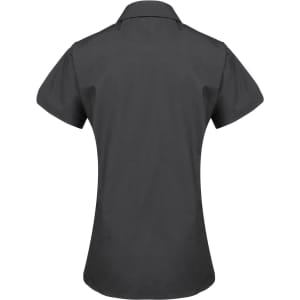 A short-sleeved button-up shirt in dark grey, featuring a back view and slight tailoring. Includes a logo.