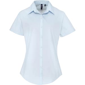 A light blue women's button-up shirt with short sleeves and a collar, featuring a logo.