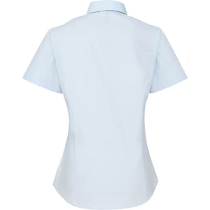 A light blue women's button-up shirt with short sleeves, featuring a fitted design and a collar.