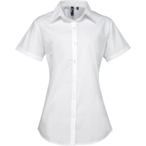 A women's short-sleeve button-up shirt in white, featuring a classic collar and fitted design.
