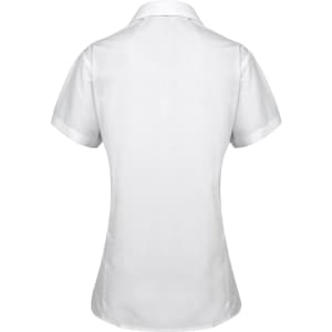 A white women's button-up shirt with short sleeves and a fitted style, featuring a collar and a logo.