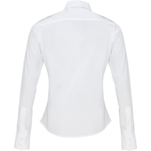 A white women's long-sleeve pilot shirt with a fitted design and buttoned cuffs, featuring a logo on the back.