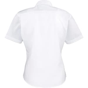A white women's short-sleeve button-up blouse with a back view. Features a collar and has a branded logo.