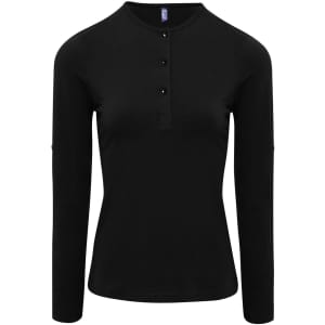 A black long sleeve tee with roll sleeves and a buttoned front, featuring a logo at the neckline.