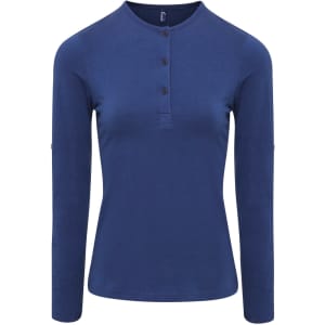 A women's long-sleeve tee in navy blue, featuring a button detail and roll sleeves. It has a logo on the front.
