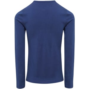 A long-sleeve tee in navy blue, featuring a roll-sleeve design and a smooth back view. Includes a logo.