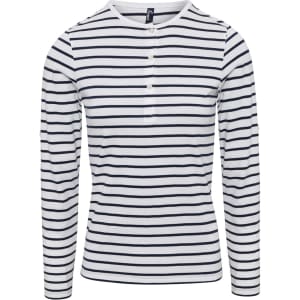 A white long sleeve tee with navy horizontal stripes and a buttoned neckline. The shirt features a small logo.