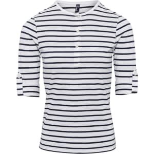 A white and navy striped women's long sleeve tee featuring roll-up sleeves and a buttoned neckline.
