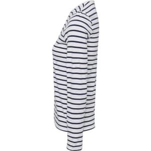A long-sleeve women's tee in white with navy stripes, featuring a roll sleeve design and branding.