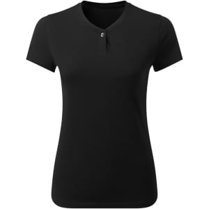 A black women's cotton-rich t-shirt with a round neckline and a single button detail at the collar.