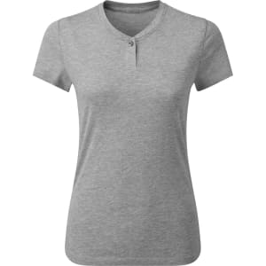 A grey women's cotton-rich T-shirt with a rounded neckline and button detail. It features a plain design.