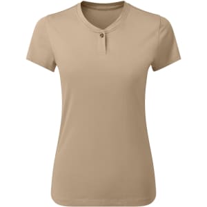 A beige women's cotton-rich t-shirt with a henley collar and short sleeves, featuring a button detail.