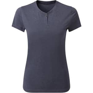 A navy women's cotton-rich T-shirt with a Henley style and short sleeves, featuring a button detail at the neck.
