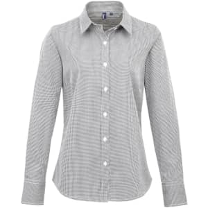 A women's long-sleeve button-up shirt in a microcheck pattern, featuring a collar and white buttons. It has a logo.