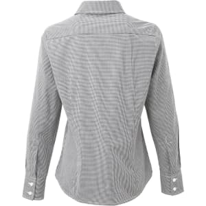 A women's long-sleeve cotton shirt in black and white microcheck pattern, featuring a button-up design and a collar.