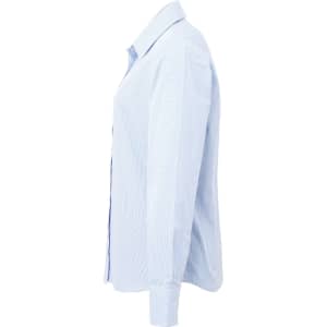 A light blue women's button-up shirt with long sleeves and a microcheck pattern, featuring a logo.
