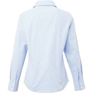 A light blue women's button-up shirt with a microcheck pattern, featuring long sleeves and a collar. It has a logo.