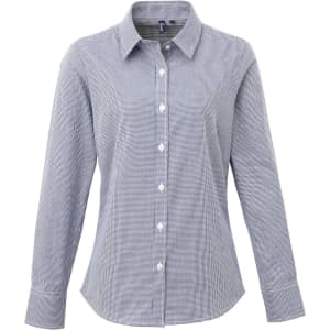 A button-up shirt in navy microcheck pattern with a collar and long sleeves, featuring a logo.