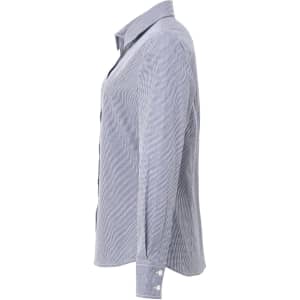 A side view of a women's long-sleeve cotton shirt in a microcheck pattern, featuring a collar and buttoned cuffs.