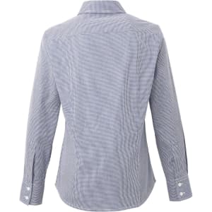 A women's long-sleeve cotton shirt in blue and white microcheck pattern with a button-up front and cuffs.