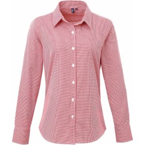 A red and white microcheck button-up shirt with long sleeves and a collar, featuring a logo.