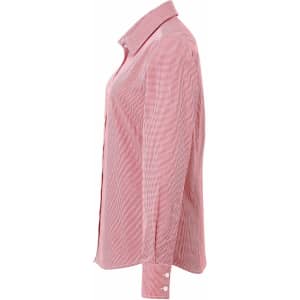 A women's long-sleeve cotton shirt in red microcheck pattern, featuring a button-up design and cuffed sleeves.