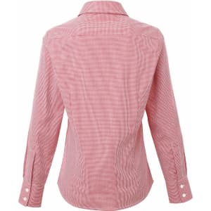 A red and white microcheck button-up women's cotton shirt featuring long sleeves and a back collar.