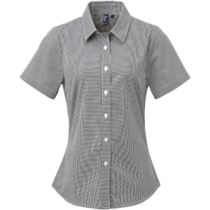 A short-sleeved women's button-up shirt in a microcheck pattern, featuring a collar and white buttons.