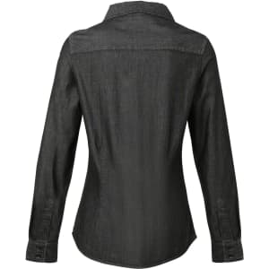 A grey button-up denim shirt with long sleeves and a fitted design, featuring a collar and a logo.