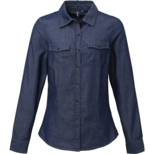 A women's button-up shirt in dark denim with a fitted design and two chest pockets, featuring a branded logo.