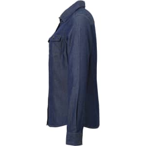 A women's button-up shirt in denim with a side profile view, featuring a collar and single pocket.