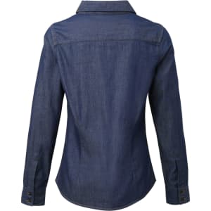 A women's denim button-up shirt in dark blue with long sleeves and a collar, featuring a simple design and logo.
