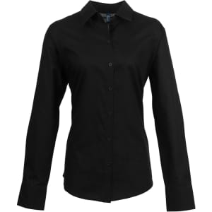 A black button-up shirt with long sleeves and a collared neckline. It features a logo on the fabric.