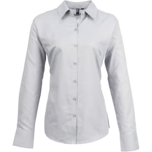 A light grey women's button-up Oxford shirt with long sleeves and a collar, featuring a logo.