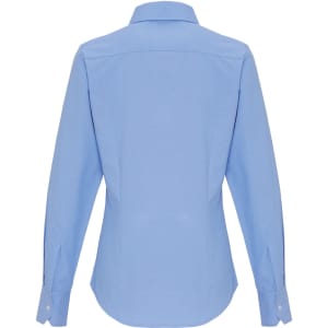 A light blue women's cotton-rich oxford blouse with long sleeves and a button-up design, featuring a collar and back pleat.