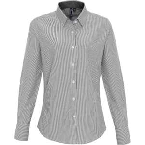 A button-up women's blouse in black and white oxford stripes with long sleeves and a collar. Features a logo on the chest.