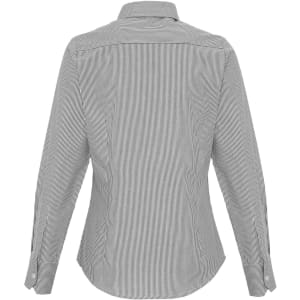 A back view of a women's cotton-rich button-up shirt featuring navy and white stripes. It has a collar and long sleeves.