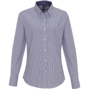 A women's cotton-rich button-up shirt featuring navy and white stripes, with a classic collar and long sleeves.