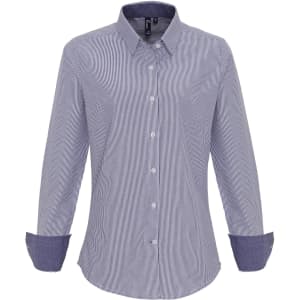 A women's cotton-rich blouse in blue and white stripes, featuring a button-up front and rolled sleeves.