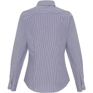 A women's cotton-rich shirt in navy blue and white stripes, featuring a button-up design and long sleeves.