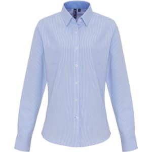 A light blue, cotton-rich button-up blouse with a collar and long sleeves, featuring a striped pattern.
