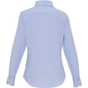 A women's cotton-rich blouse in light blue with white stripes, featuring a button-up design and long sleeves.